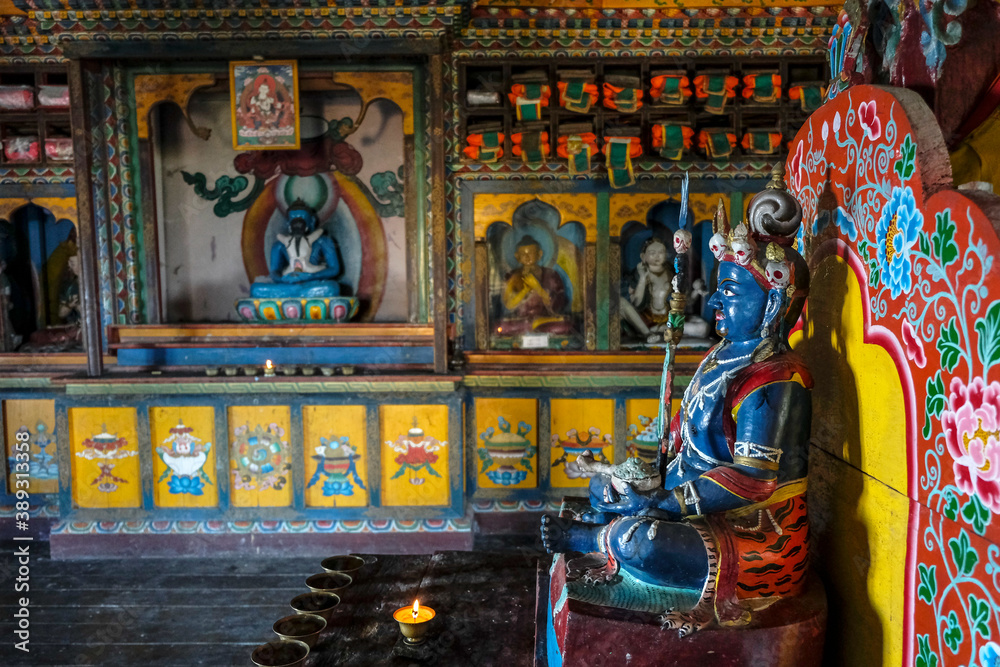 Pelling, India - October 2020: Buddha statue at the Buddhist Sanghak Choeling Monastery in Pelling on October 31, 2020 in Sikkim, India.