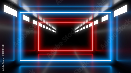 Sci Fy neon lamps in a dark tunnel. Reflections on the floor and walls. 3d rendering image.