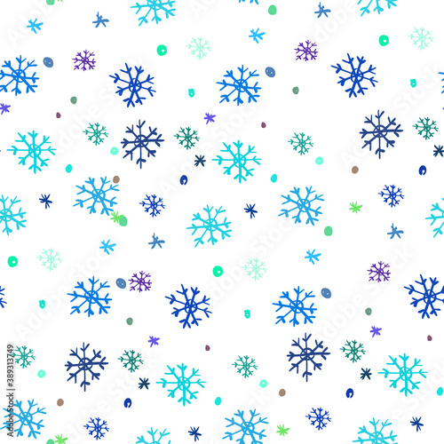 Simple geometric repeating pattern with blue hand-drawn snowflakes. Seamless abstract pattern with shapes. Vector illustration