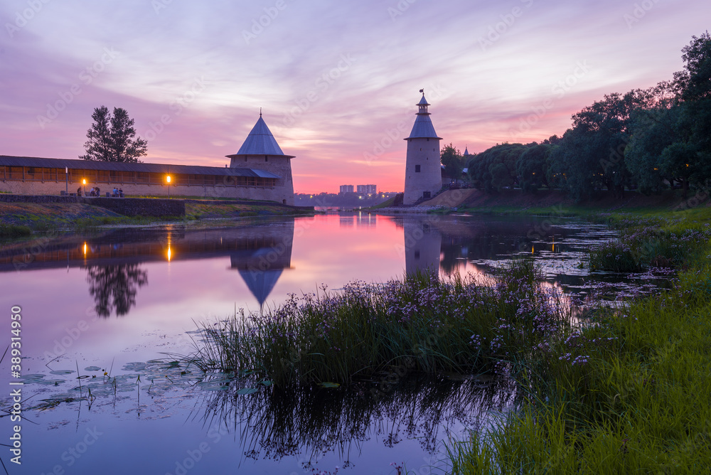  Lilac twilight on the Pskova river. Pskov, Russia