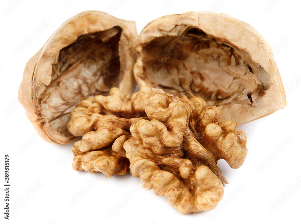 The core and shells of walnut are isolated on a white background.