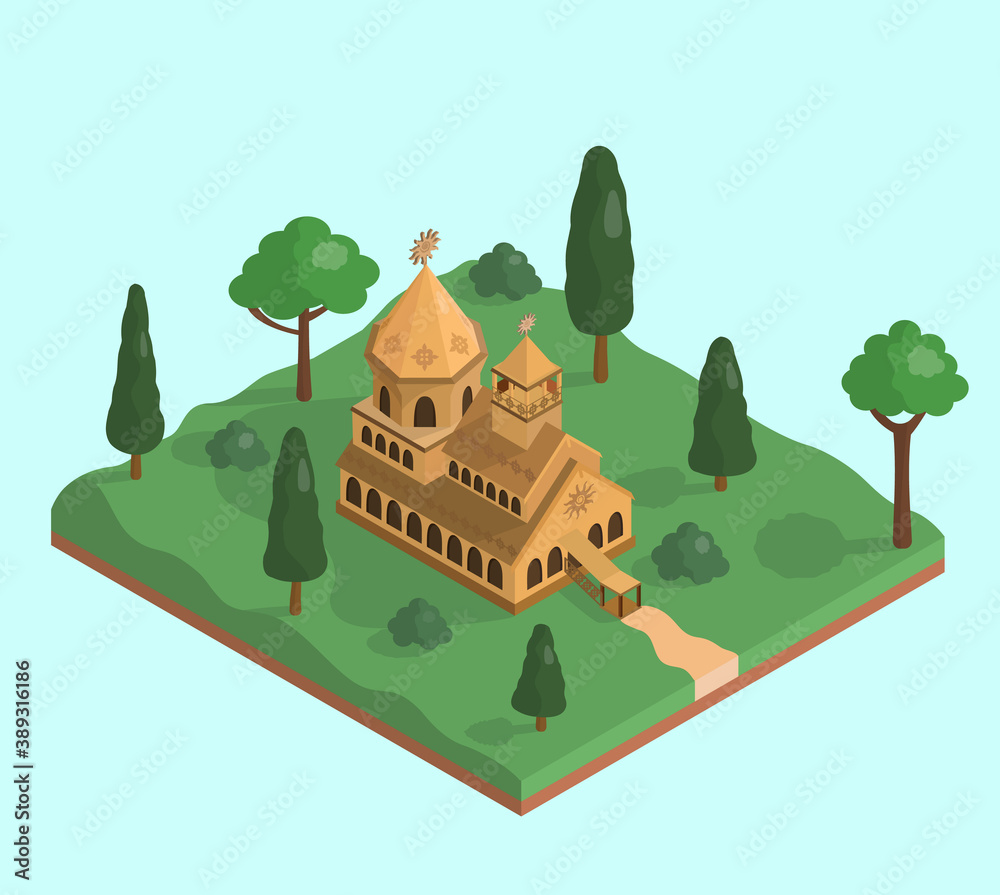Wooden house in the forest in the style of Slavic pagan architecture. Isometric drawing