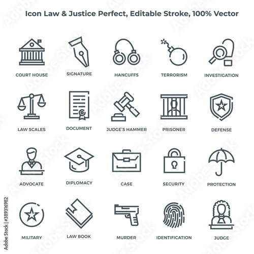 Set of Court Related Vector Line Icons. Contains such Icons as terrorism, court house, investigation, law scales, case, security and more. Editable Stroke