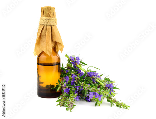 Hyssop Essential Oil Extract or Tincture (Hyssopus Officinalis) with Flowers and Leaves. Isolated on White Background.