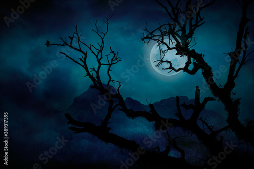 Silhouette of tree branches in forest and blue full moon at midnight with bright and dark clouds  concept of scary and horror
