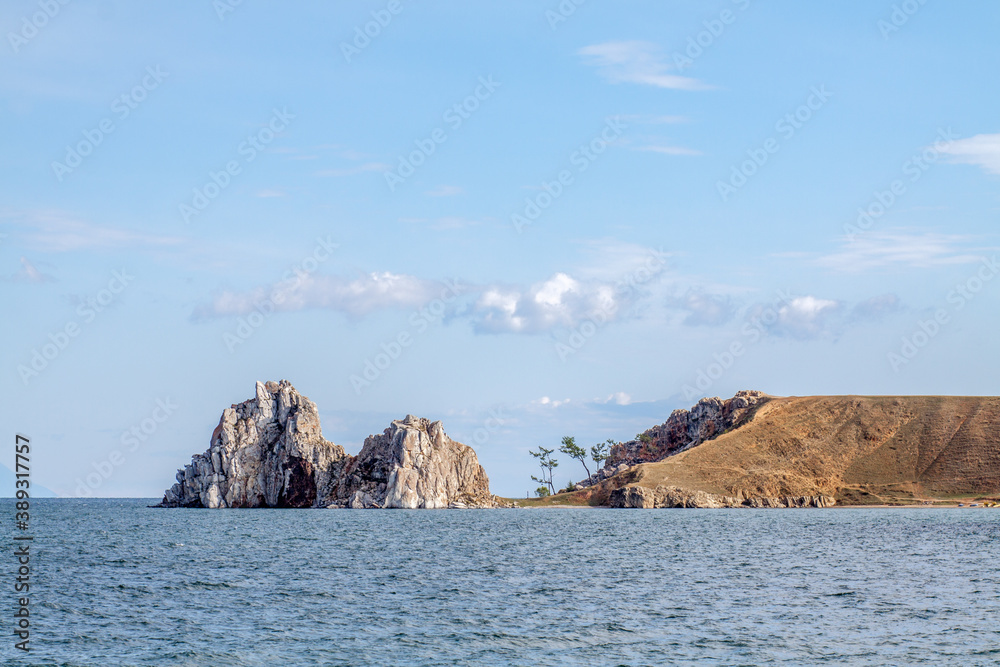 A  view  from the water on shamanka Mountain, Khuzhir village, Baikal lake, Russia