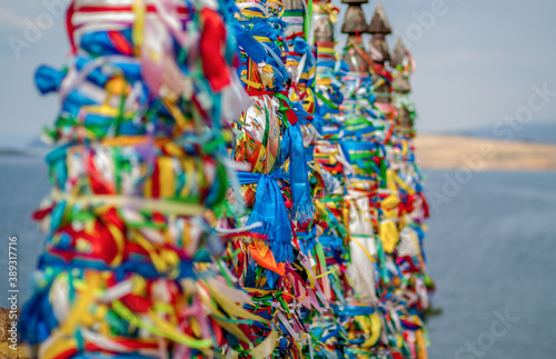 Colorful ribbons at Shamanka Mountain  Khuzhir village  Baikal lake  Russia