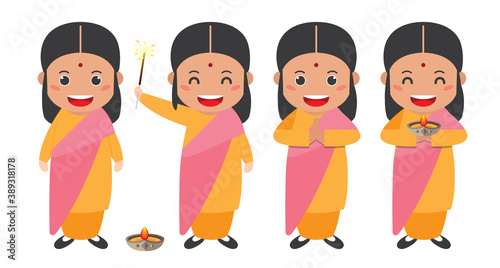 Diwali Deepavali vector illustration with set of cute cartoon indian girl   female with different pose.