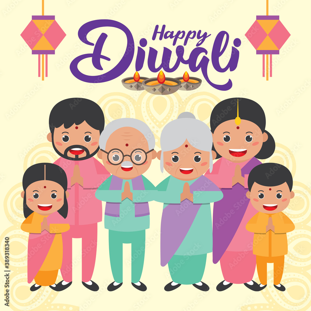 Diwali or deepavali - festival of lights greeting card with cute cartoon Indian family in flat vector illustration.