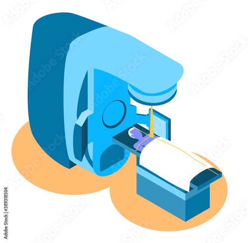A patient is receiving radiotherapy treatment on a LINAC (medical linear accelerator). Vector colorful flat isometric illustration isolated on a white background. 
