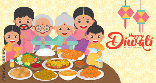 Diwali / Deepavali greeting card with Happy indian family reunion dinner to enjoy the traditional festival foods/ meal (Murukku, Ladoo / Laddu, Curry, Curry Puff, Halwa and Rice)