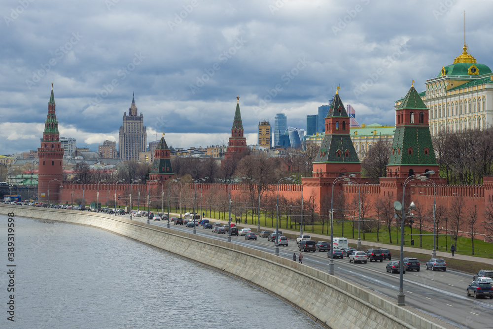 Cloudy April day on the Kremlin embankment. Moscow, Russia