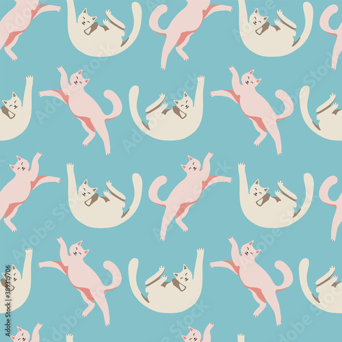 Seamless pattern with cute cat and packing gifts. Playing cat. Vector hand drawn illustration. Lazy cats