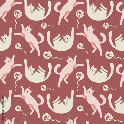 Seamless pattern with cute cat and packing gifts. Playing cat. Vector hand drawn illustration. Lazy cats