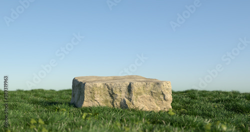 3d rendering of stone podium and grass.