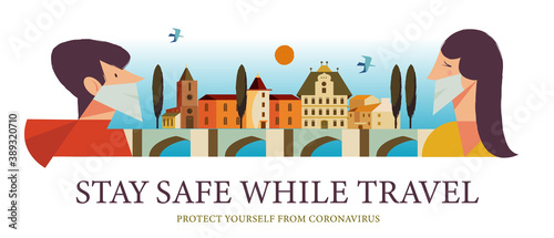 Stay safe while traveling. Vector poster encouraging people to wear masks.