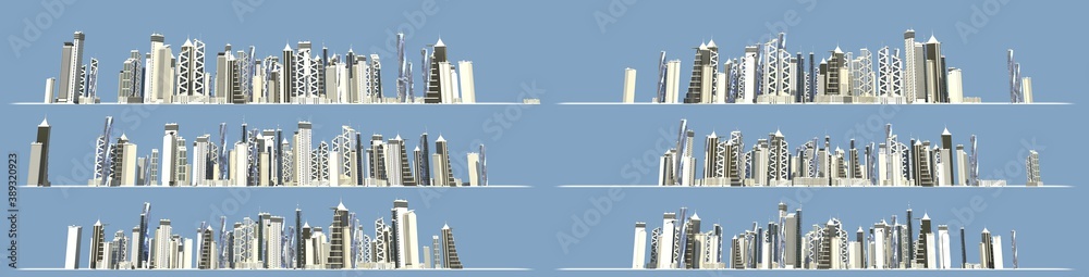6 detailed renders of modern architectural structures forming city skyline isolated on sky background, city development concept - 3D illustration of objects