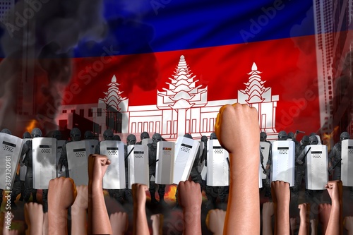 revolt stopping concept - protest in Cambodia on flag background, police guards stand against the protestors crowd -  military 3D Illustration