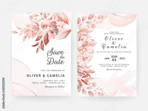Floral wedding invitation template set with brown and peach roses flowers and leaves decoration. Botanic card design concept