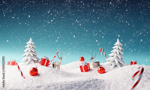 Creative Christmas landscape with winter snowfall. 3d rendering