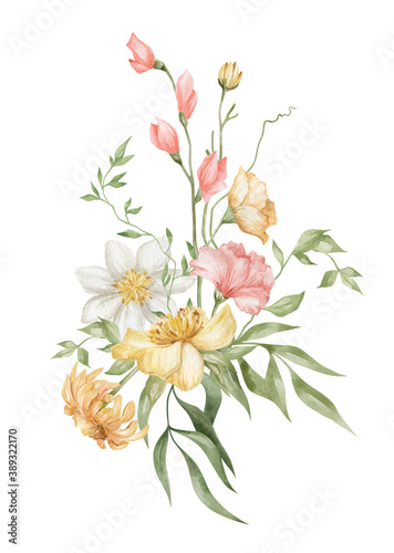 Watercolor bouquet with gently summer meadow flowers, branches and leaves, isolated on white. Aesthetic modern composition in boho style, floral arrangements, wedding delicate flowers