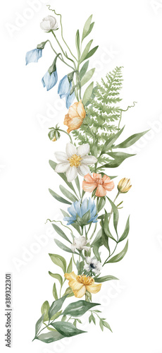 Fototapeta Naklejka Na Ścianę i Meble -  Watercolor bouquet with gently summer meadow flowers, branches and leaves, isolated on white. Aesthetic modern composition in boho style, floral arrangements, wedding  delicate flowers