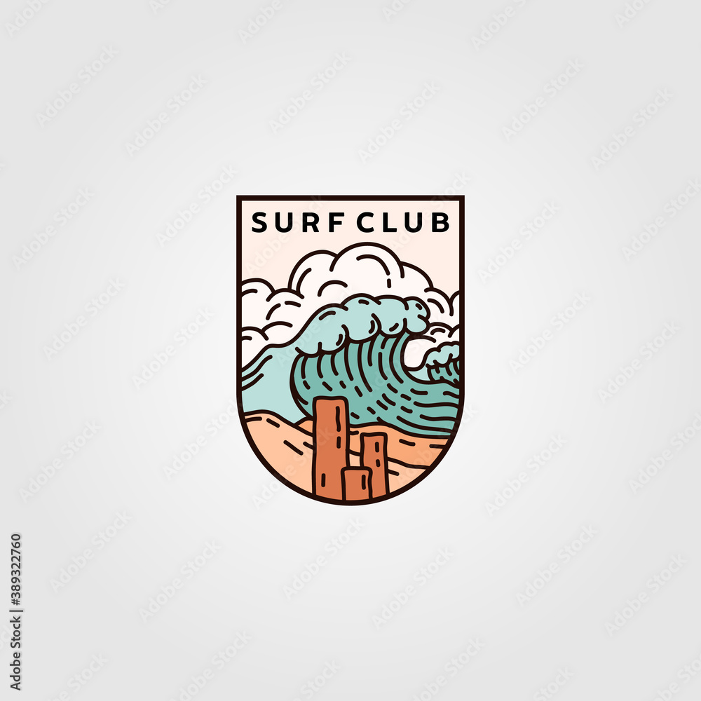 surf club emblem logo vector illustration design, ocean wave logo design
