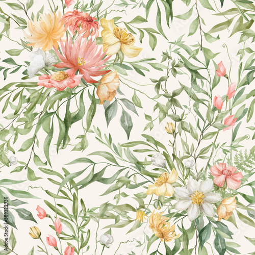 Watercolor seamless pattern with wild summer flowers in orange and yellow colors. Meadow wildflower and foliage. Spring garden. Floral background for wallpaper  paper  textile  package