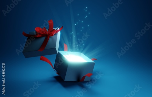 Open gift box with ray of light effect on blue background. 3d rendering photo
