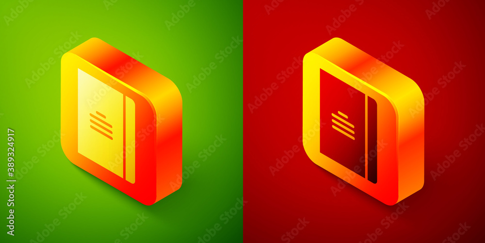 Isometric Notebook icon isolated on green and red background. Spiral notepad icon. School notebook. Writing pad. Diary for school. Square button. Vector Illustration. Isometric Notebook icon isolated on green and red background. Spiral notepad icon. School notebook. Writing pad. Diary for school. Square button. Vector Illustration.