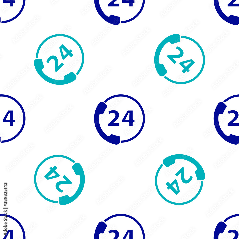 Blue Telephone 24 hours support icon isolated seamless pattern on white background. All-day customer support call-center. Full time call services. Vector Illustration. Blue Telephone 24 hours support icon isolated seamless pattern on white background. All-day customer support call-center. Full time call services. Vector Illustration.
