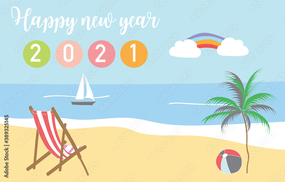 Cute natural background with sea,ship,mountain,rainbow.Happy new year 2021