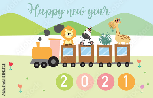 Cute animal background with lion zebra giraffe safari on train.Happy new year 2021