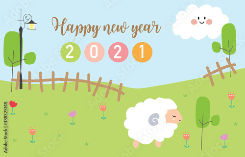 Cute natural background with sheep,grasses,mountain,tree.Happy new year 2021