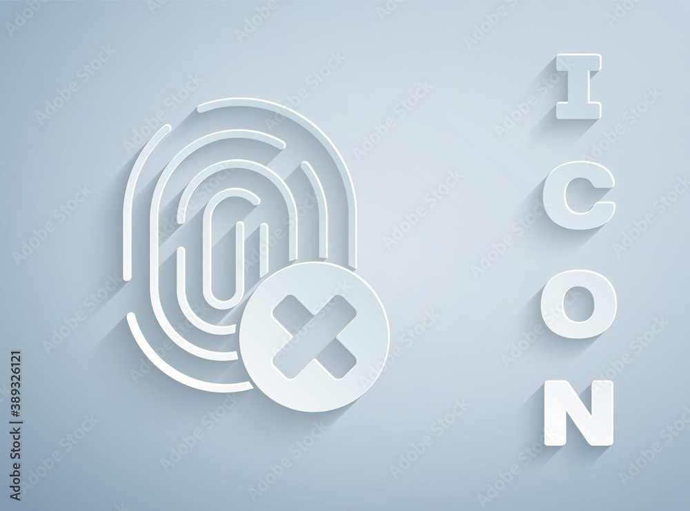 Fototapeta premium Paper cut Cancelled fingerprint icon isolated on grey background. Access denied for user concept. Error, fraud. Identification sign. Touch id. Paper art style. Vector.