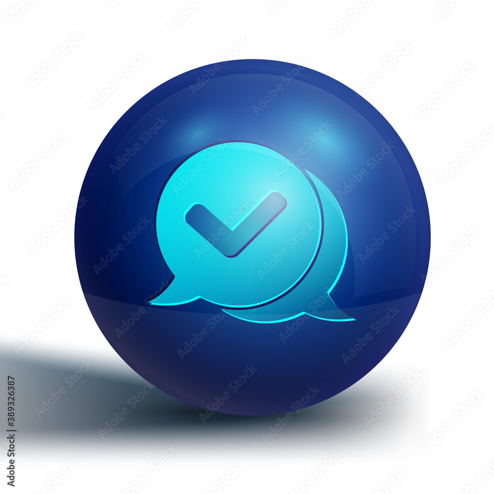 Blue Check mark in speech bubble icon isolated on white background. Security, safety, protection, privacy concept. Tick mark approved. Blue circle button. Vector. Blue Check mark in speech bubble icon isolated on white background. Security, safety, protection, privacy concept. Tick mark approved. Blue circle button. Vector.