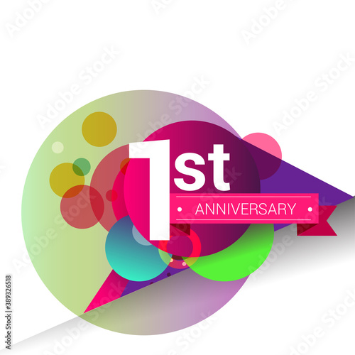 1st Anniversary logo with colorful geometric background, vector design template elements for your birthday celebration.