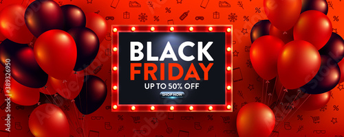 Black Friday Sale Poster with red and black balloons for Retail,Shopping or Black Friday Promotion in red and black style.Red Poster or banner template for social media and website.