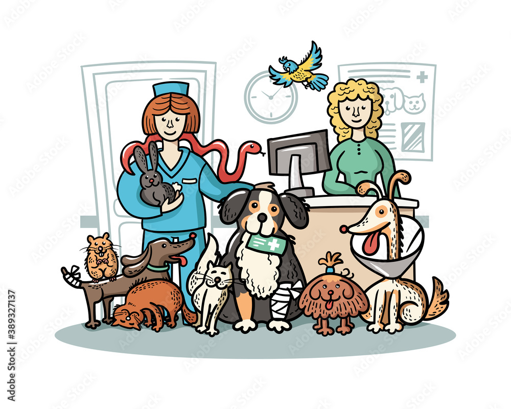 Vector colorful illustration on the theme of pets, animals, help, veterinary clinic, medicine. Cartoon cats, dogs, birds, rabbits, snakes. Background for use in design