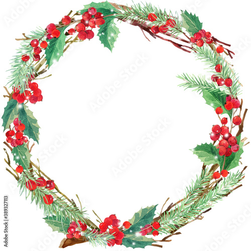 Christmas wreath watercolor illustrations. Happy New Year background. Winter woodland. 