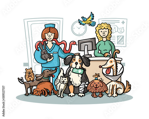 Vector colorful illustration on the theme of pets, animals, help, veterinary clinic, medicine. Cartoon cats, dogs, birds, rabbits, snakes. Background for use in design