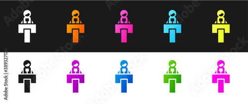 Set Stage stand or debate podium rostrum icon isolated on black and white background. Conference speech tribune. Vector.