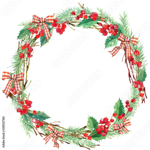 Christmas wreath watercolor illustrations. Happy New Year background. Winter woodland. 