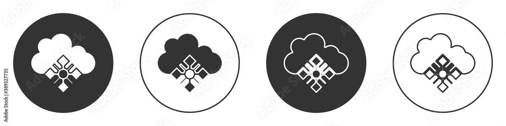 Black Cloud with snow icon isolated on white background. Cloud with snowflakes. Single weather icon. Snowing sign. Circle button. Vector. Black Cloud with snow icon isolated on white background. Cloud with snowflakes. Single weather icon. Snowing sign. Circle button. Vector.