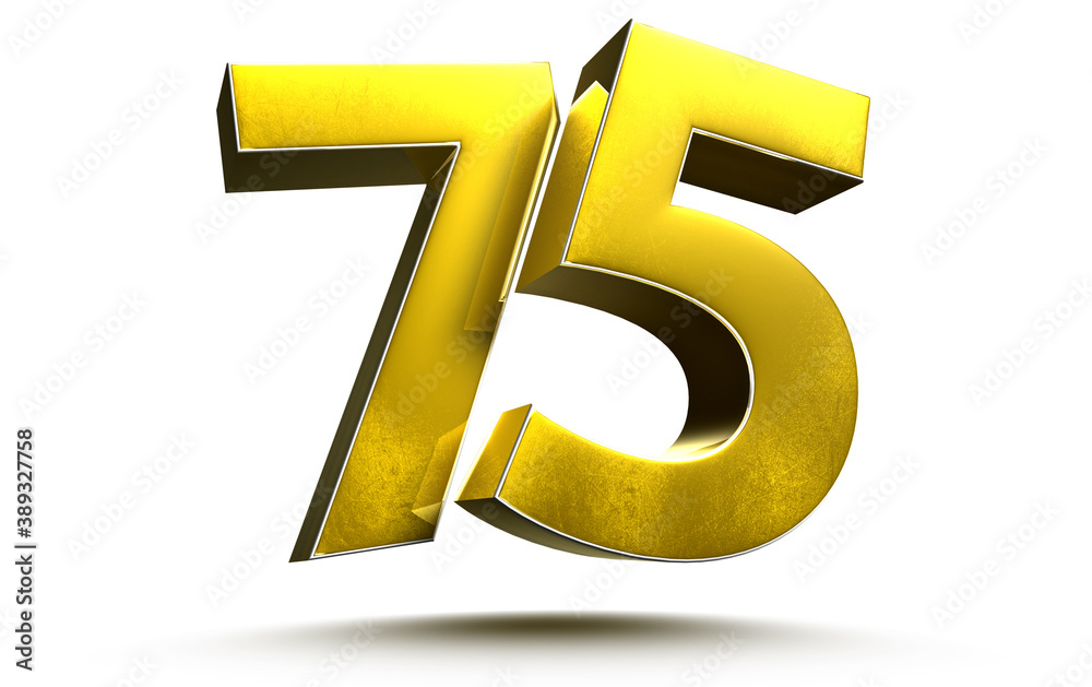 Gold numbers 75 isolated on white background illustration 3D rendering.(with Clipping Path).