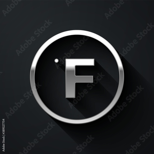 Silver Fahrenheit icon isolated on black background. Long shadow style. Vector.