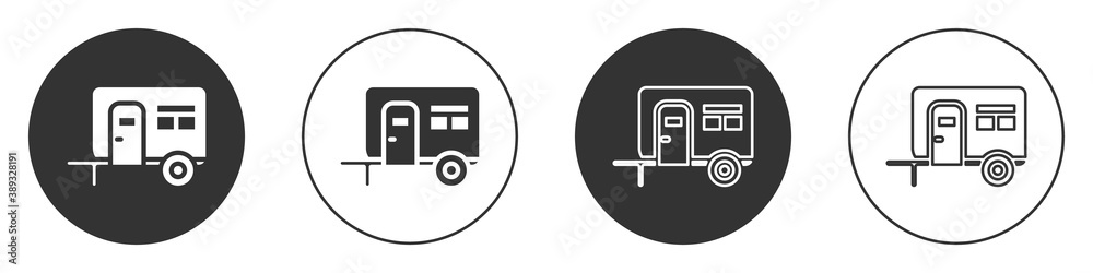 Black Rv Camping trailer icon isolated on white background. Travel mobile home, caravan, home camper for travel. Circle button. Vector. Black Rv Camping trailer icon isolated on white background. Travel mobile home, caravan, home camper for travel. Circle button. Vector.