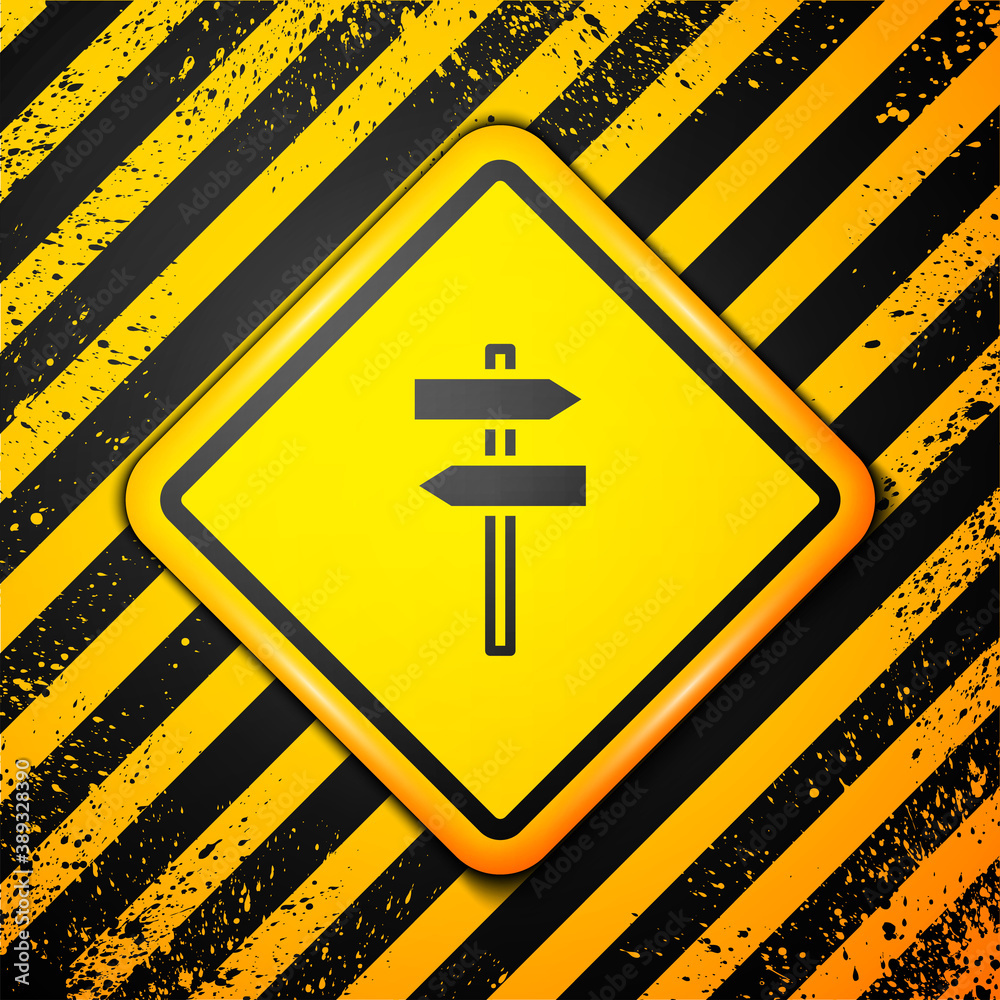 Black Road traffic sign. Signpost icon isolated on yellow background. Pointer symbol. Street information sign. Direction sign. Warning sign. Vector. Black Road traffic sign. Signpost icon isolated on yellow background. Pointer symbol. Street information sign. Direction sign. Warning sign. Vector.