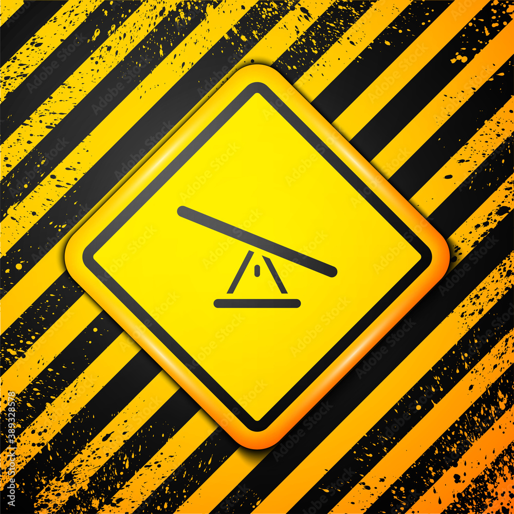Black Seesaw icon isolated on yellow background. Teeter equal board. Playground symbol. Warning sign. Vector. Black Seesaw icon isolated on yellow background. Teeter equal board. Playground symbol. Warning sign. Vector.