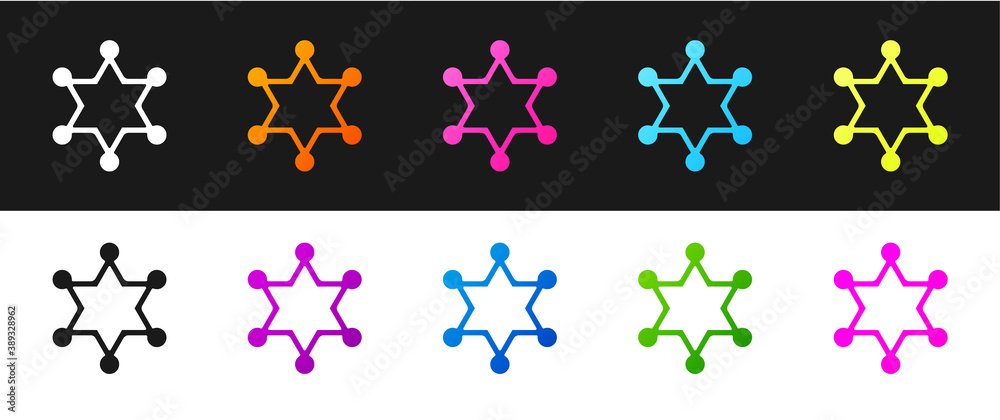 Set Hexagram sheriff icon isolated on black and white background. Police badge icon. Vector. Set Hexagram sheriff icon isolated on black and white background. Police badge icon. Vector.